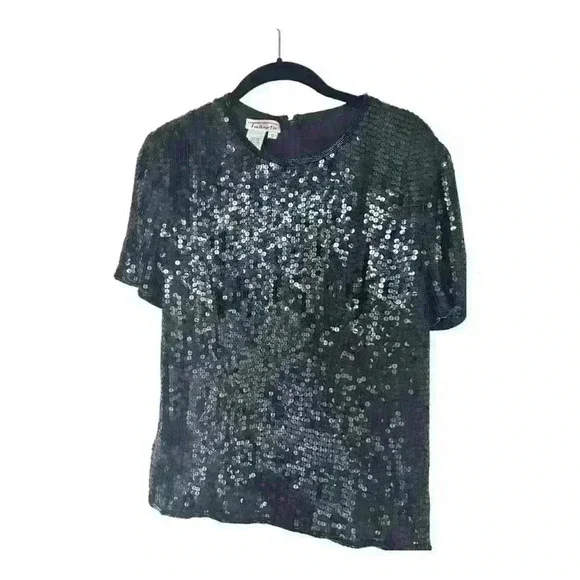 Talbots Vintage 100% Silk Black Sequin Round Neck Short Sleeve Blouse, sz Small - Picture 2 of 11